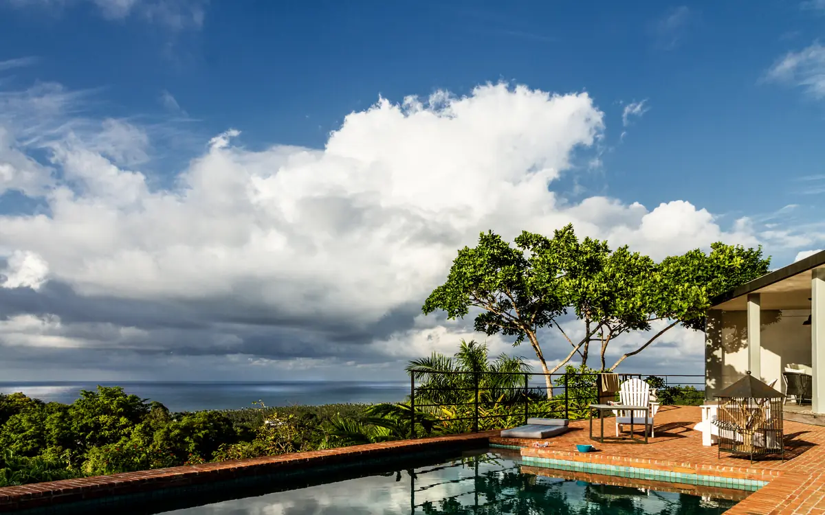 Terraza de ladrillo con piscina frente al mar, con un árbol y una silla de madera junto al borde.